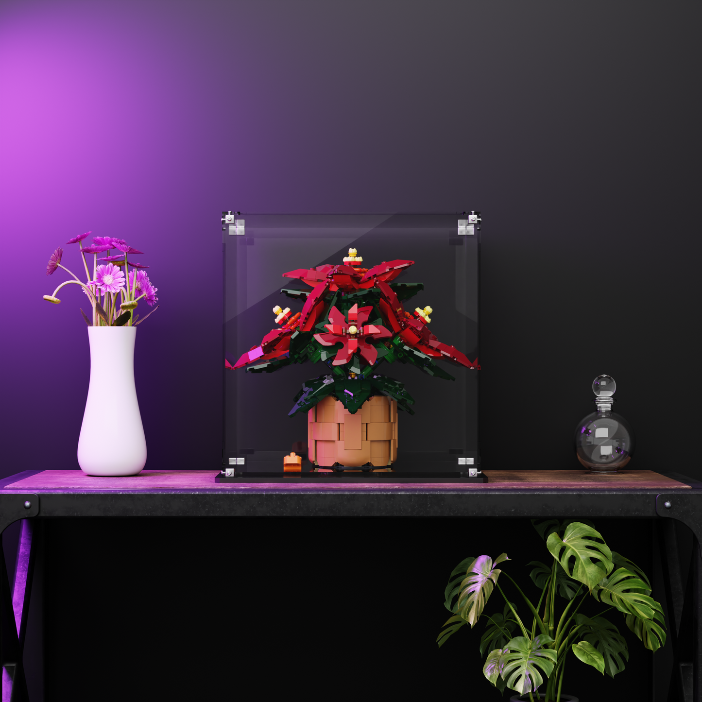 Front view of the LEGO® Icons Poinsettia (10370) in a premium lego display case