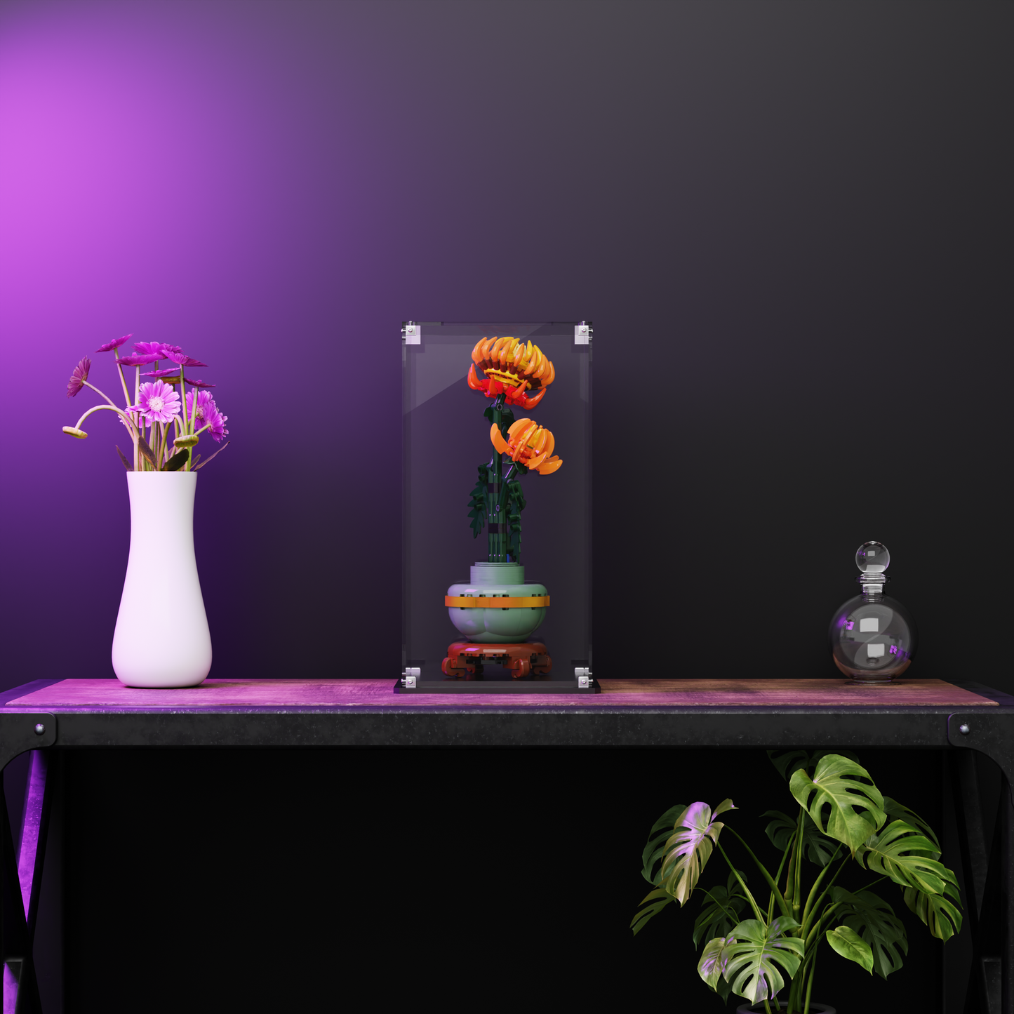 angle showing the perfect fit of our LEGO display case around the LEGO® Botanical Chrysanthemum 10368