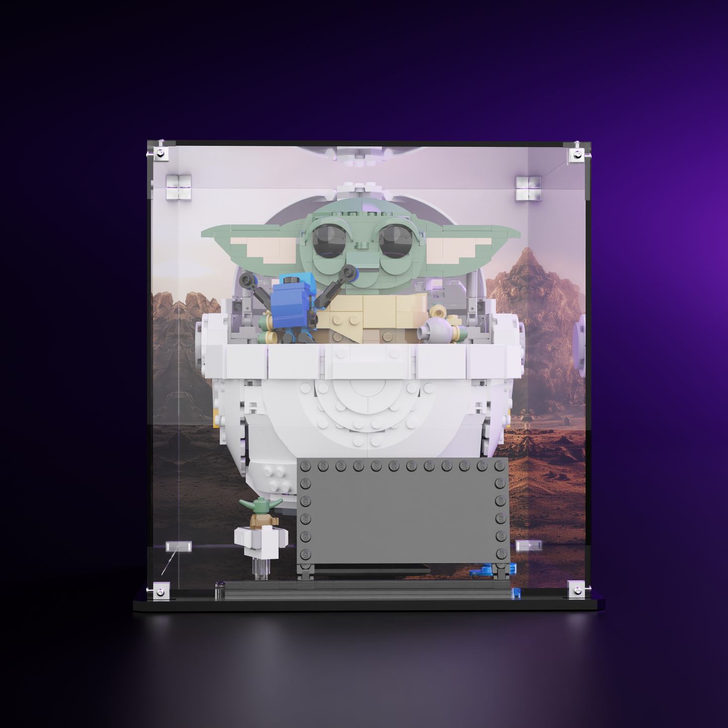 Front view of LEGO® Star Wars™ Grogu with Hover Pram (75403) in a premium display case