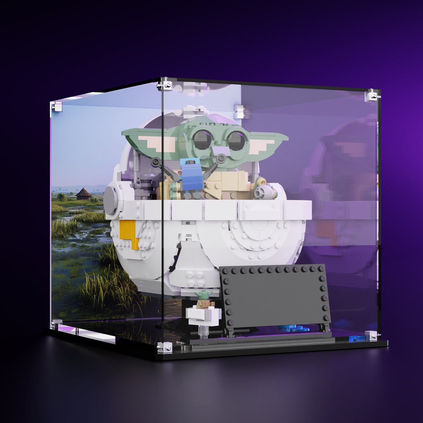 Side view of premium LEGO Display case for LEGO Star wars 75403 Grogu with Hover Pram, Sorgan background