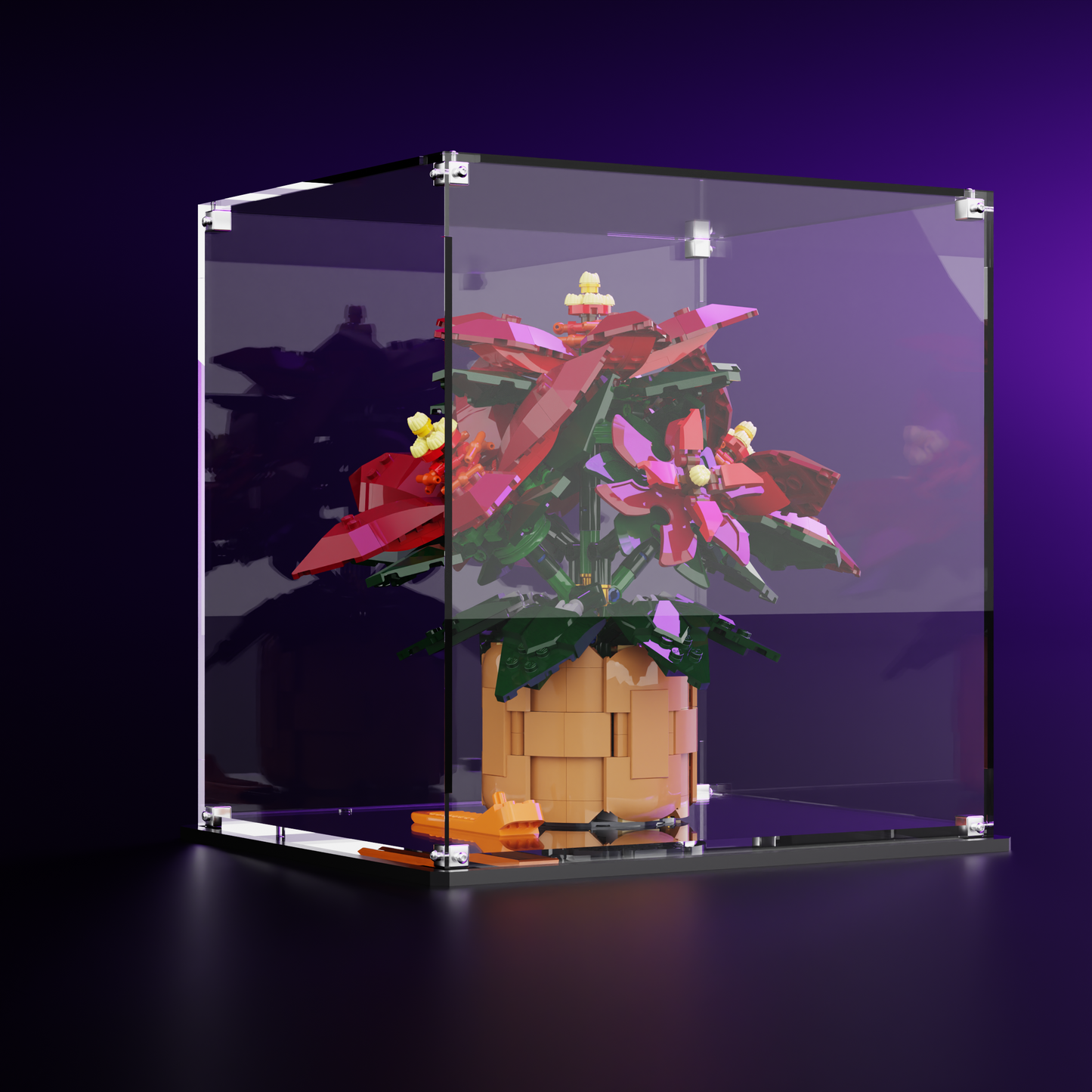 Fully assembled LEGO Icons Poinsettia (10370) showcased in a dustproof, custom-fit lego display case