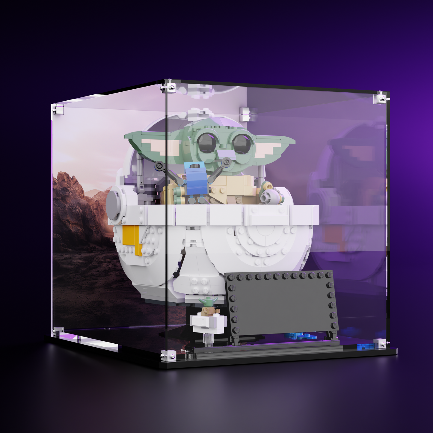 Side view of premium LEGO Display case for LEGO Star wars 75403 Grogu with Hover Pram Nevarro background