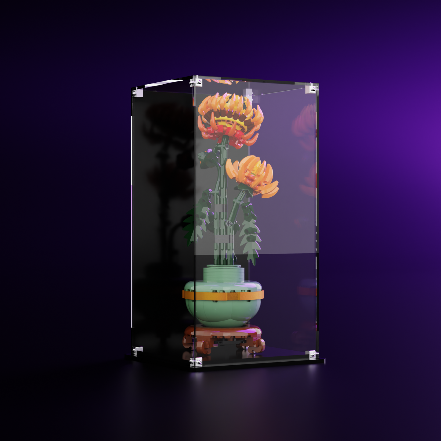 Dustproof and UV-protected acrylic LEGO display case showcasing the LEGO® Botanical Chrysanthemum 10368 Glossy Black background