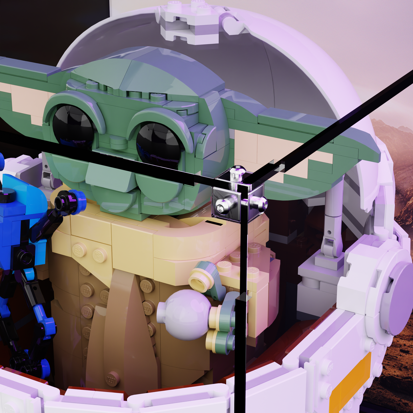 Close up of premium LEGO Display case for LEGO Star Wars 75403 Grogu with Hover Pram