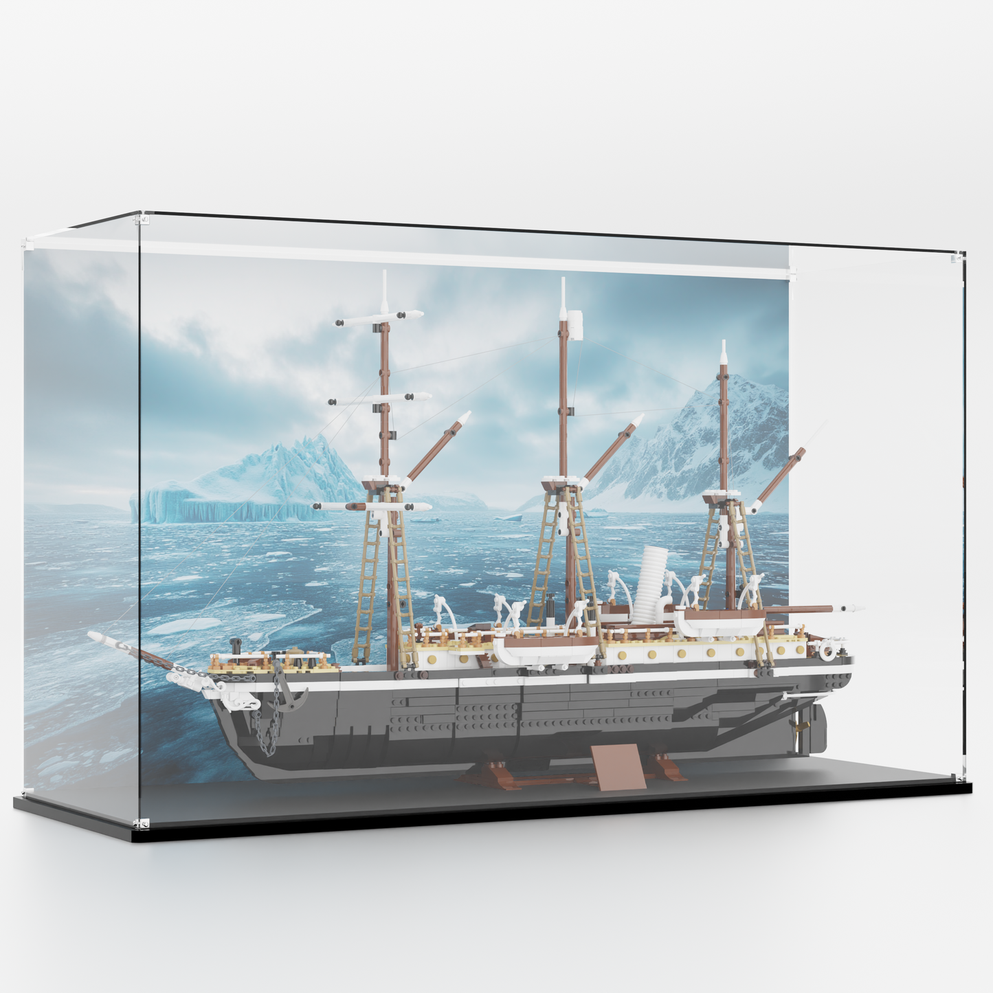 Side angle view of LEGO DIsplay case for The Endurance 10335 protected by dustproof lego display case