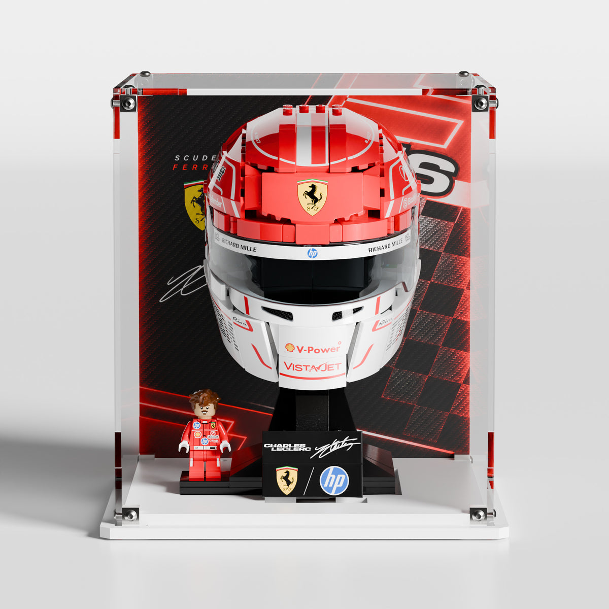 Glossy white acrylic base for LEGO Charles Leclerc Helmet 43014 display case — premium UV-protected, EU-made