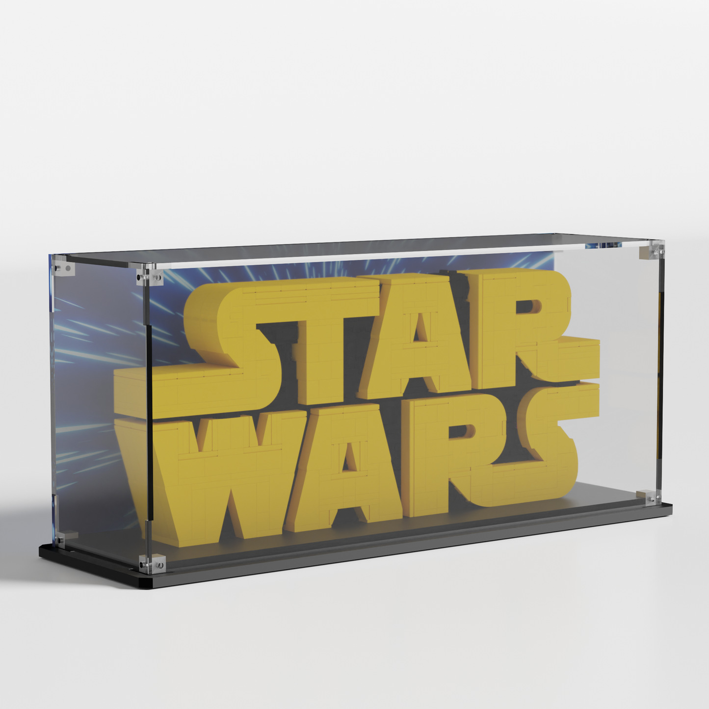 Front view of LEGO® 75407 Brick-Built Star Wars Logo inside premium LEGO display case with lightspeed background