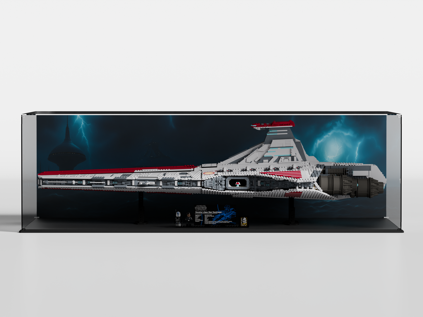 Front view of UCS Venator-Class Attack Cruiser 75367 inside premium LEGO display case with Kamino background