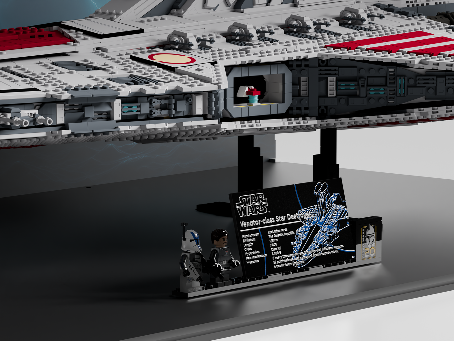 Close-up view on LEGO acrylic Showcase for Star Wars UCS Venator-Class Attack Cruiser 75367