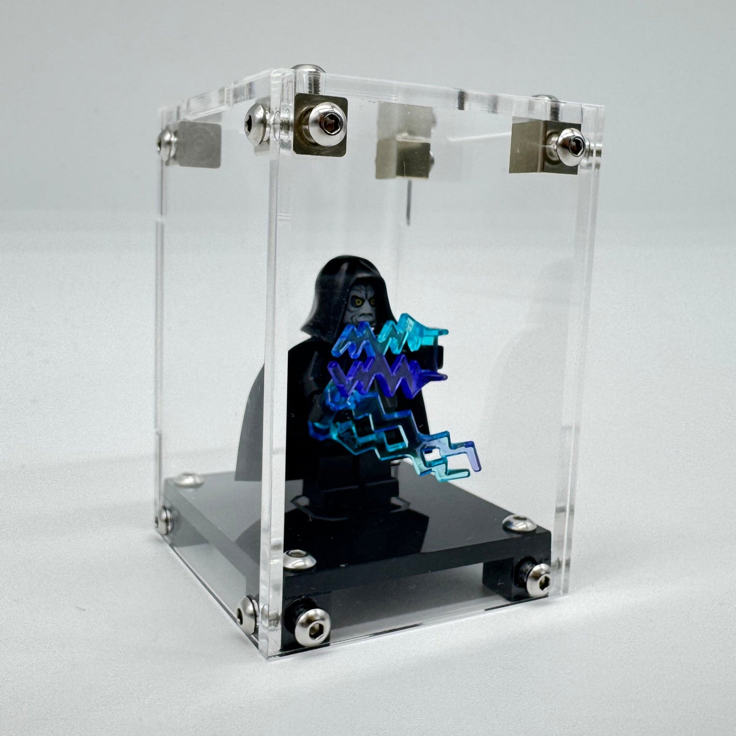 Side view of a custom LEGO® minifigure display case showcasing a chosen minifigure