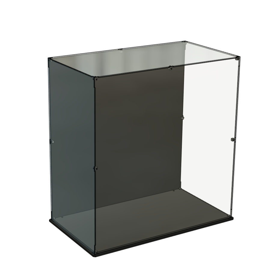 LEGO display case showcasing the towering LEGO® Marvel Hulkbuster (76210) front view black background