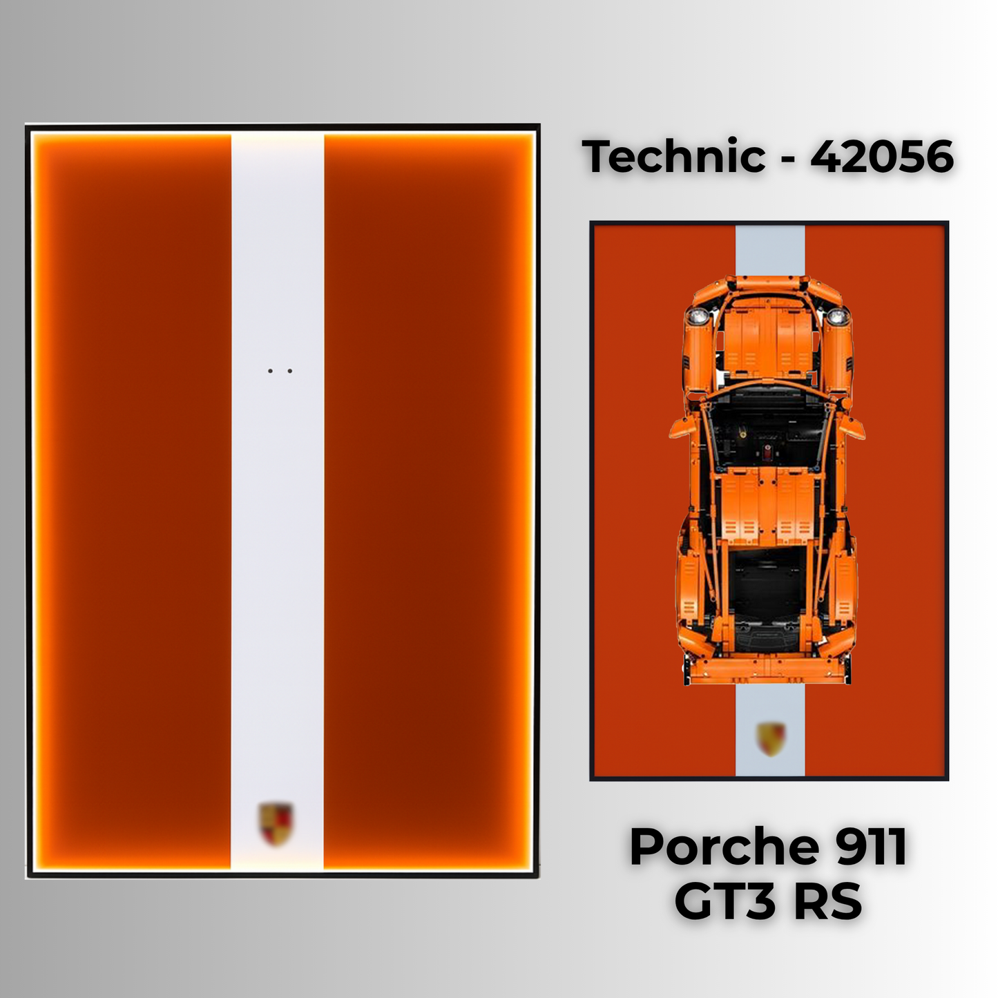 LEGO wall mounted display case with carbon backdrop, fits Technic Porsche 911 GT3 RS 42056, dust-free UV shield