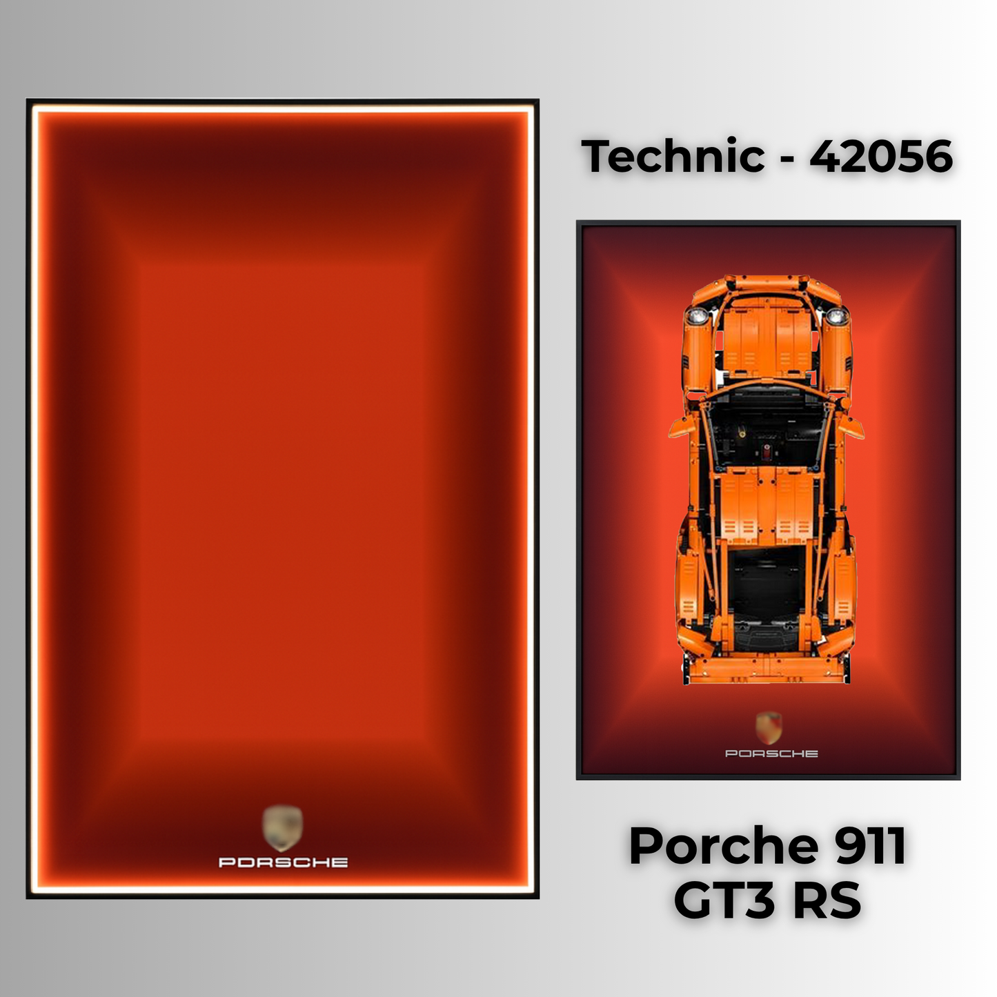 LEGO Technic display case wall mount with LED lights for LEGO 42056 Porsche 911 GT3 RS dust & UV Protected