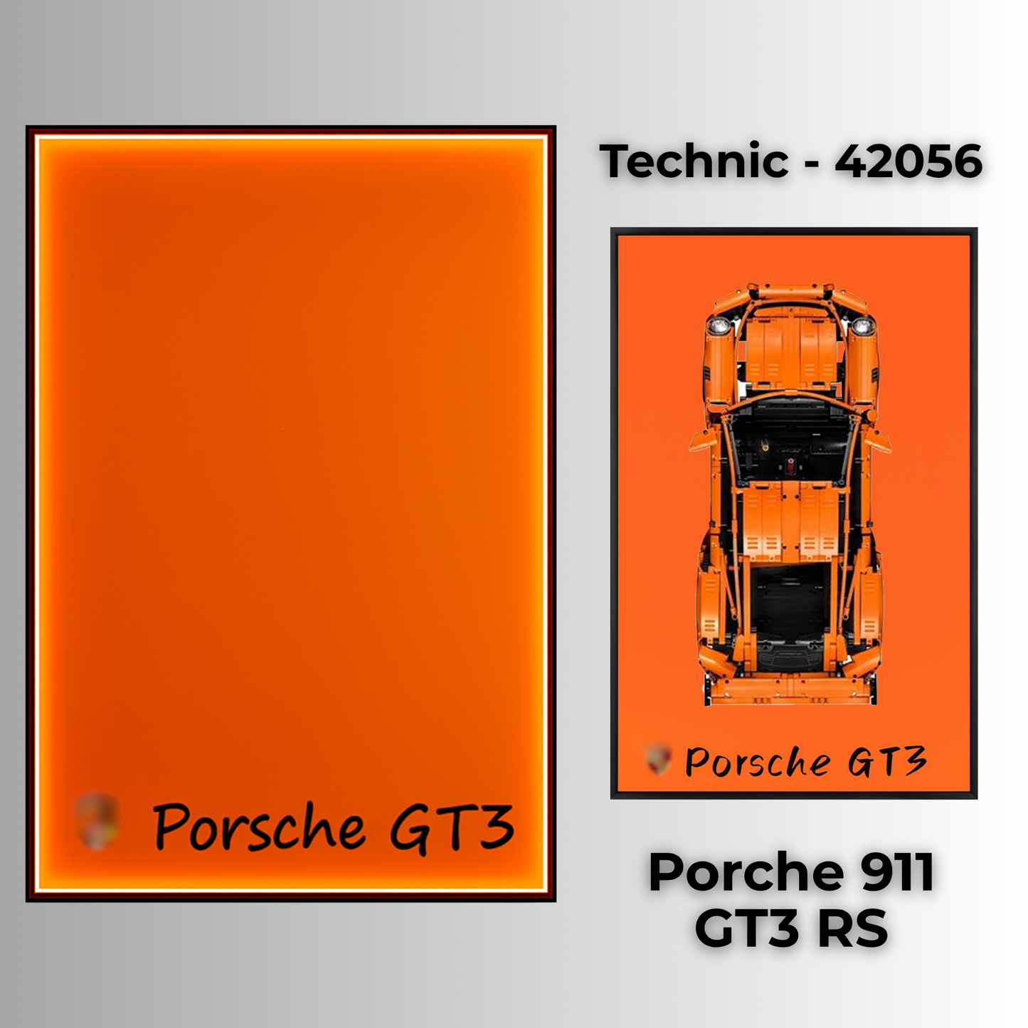 LEGO display case wall mount, racing-stripe background for Technic Porsche 911 GT3 RS, LED ready, dustproof