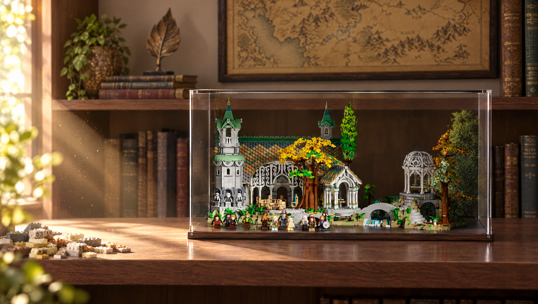 Yellowed old LEGO bricks in sunlight next to LEGO Rivendell 10316 protected in a UV-protected AcriCase acrylic display case