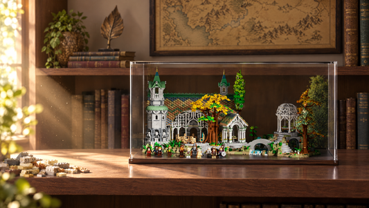 Yellowed old LEGO bricks in sunlight next to LEGO Rivendell 10316 protected in a UV-protected AcriCase acrylic display case