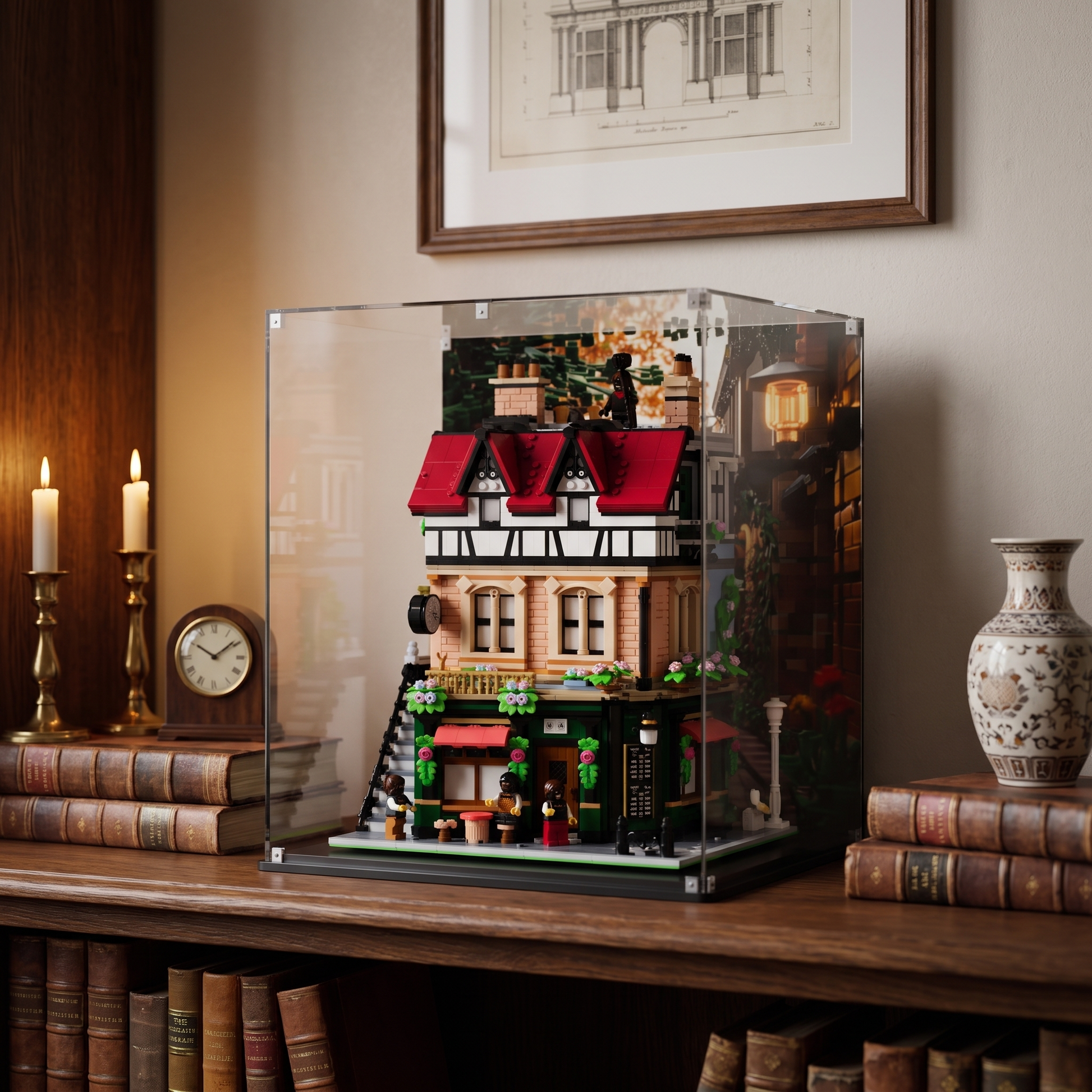 LEGO display case for Tudor Corner 10350 shown on a bookshelf — premium UV-protected acrylic with LEGO Street background