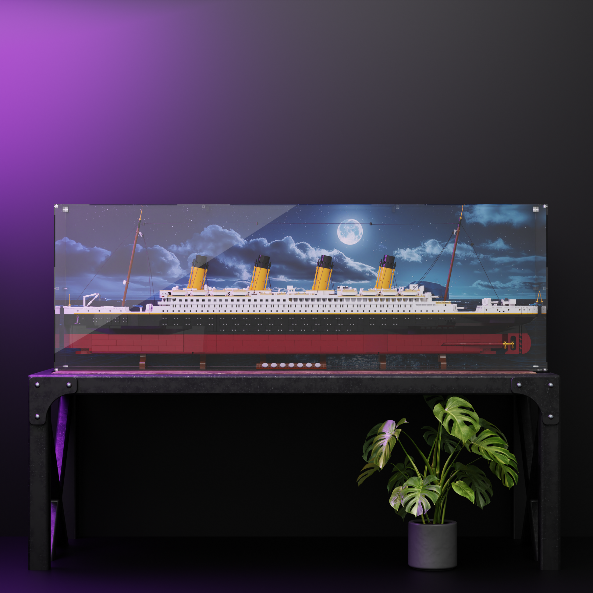Front view of LEGO® Titanic (10294) in a premium acrylic lego display case with moonlit Atlantic background