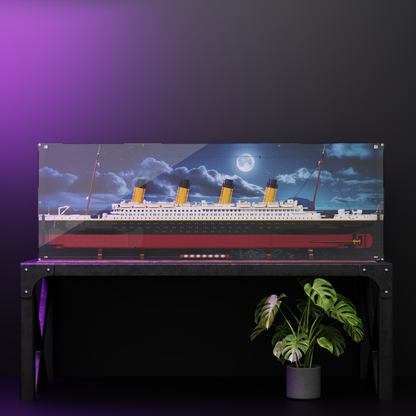 Front view of LEGO® Titanic (10294) in a premium acrylic lego display case with moonlit Atlantic background