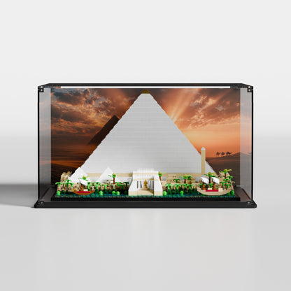 LEGO display case for Great Pyramid of Giza 21058 — premium UV-protected acrylic with Giza Desert Sunset background