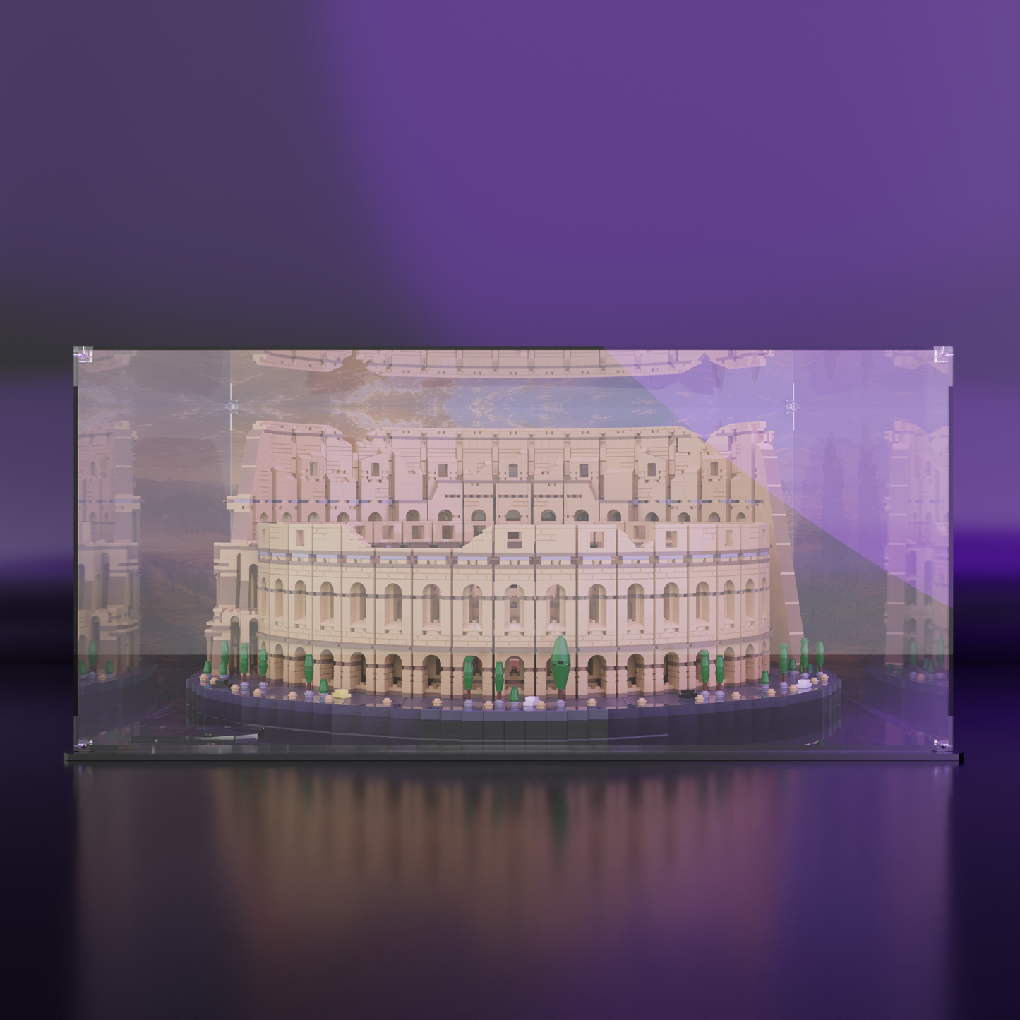 Front view of the LEGO® Creator Colosseum (10276) in a premium acrylic display case