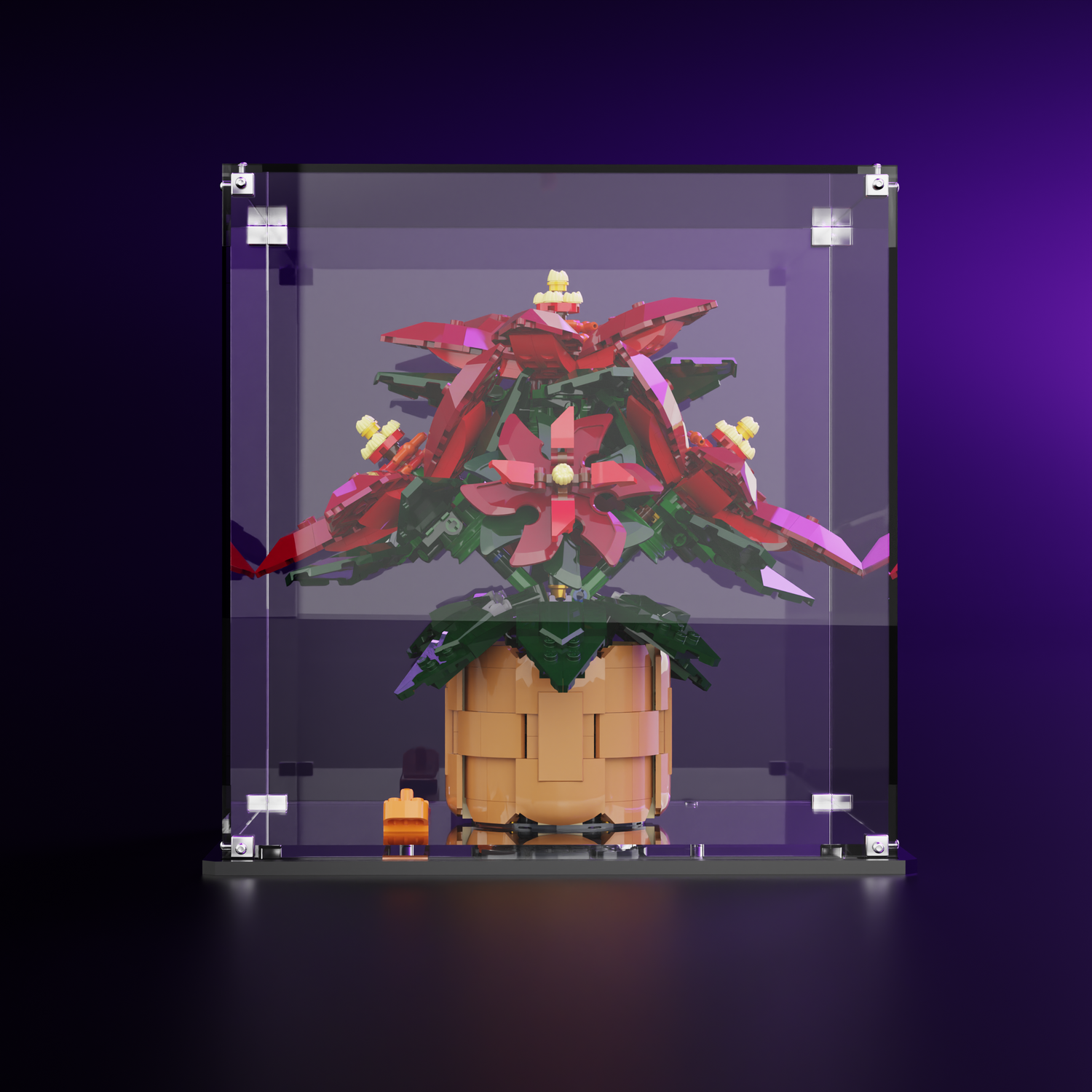 Dustproof acrylic lego display case revealing the woven-basket detail of the Poinsettia (10370)