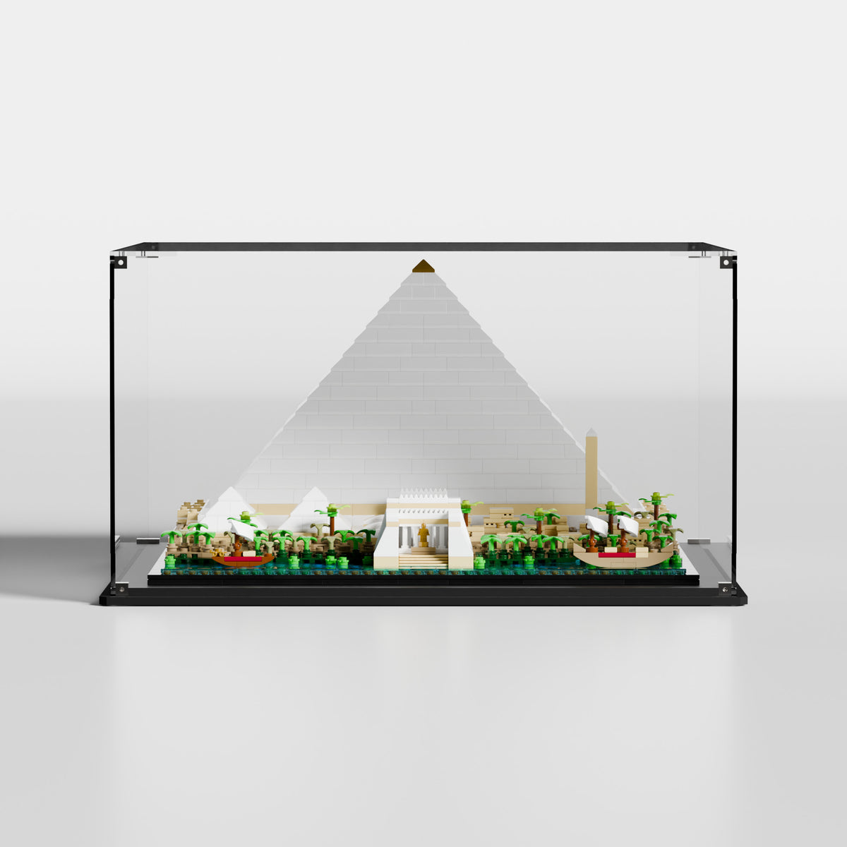 Premium UV-protected LEGO display box for Great Pyramid of Giza 21058 with transparent background — EU-made