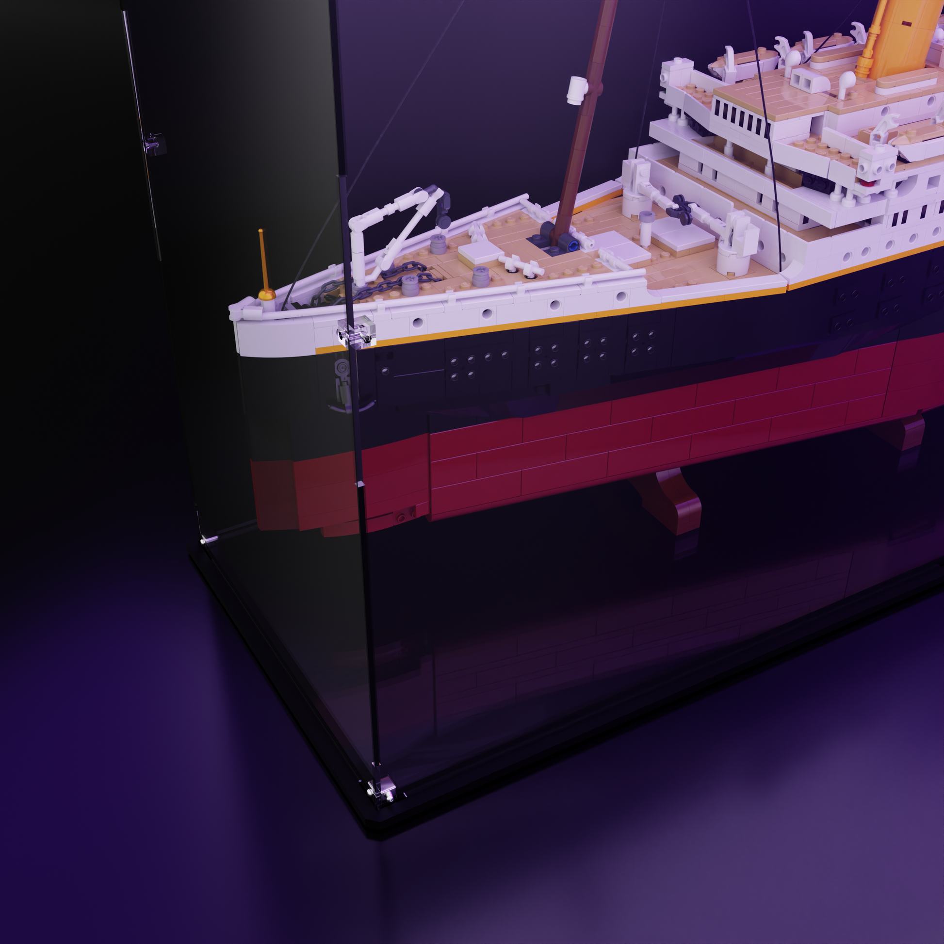 Close up view of Premium Acrylic LEGO Display case for LEGO Titanic 10294
