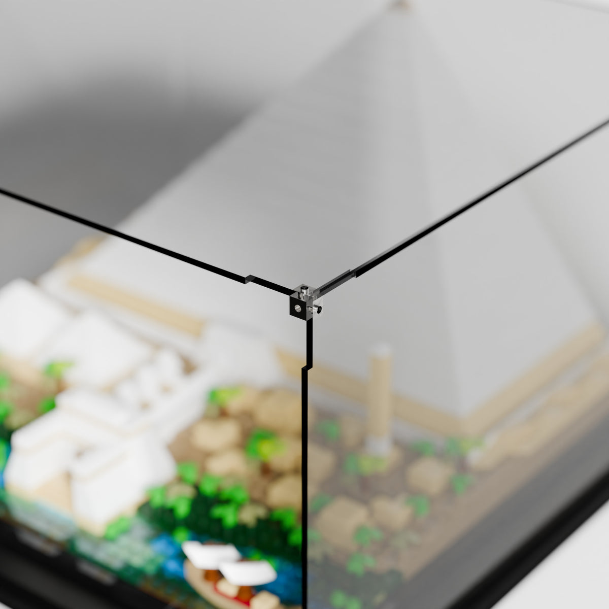 Corner detail of premium acrylic display case for LEGO set 21058 — crystal-clear UV-filter, handcrafted in Europe