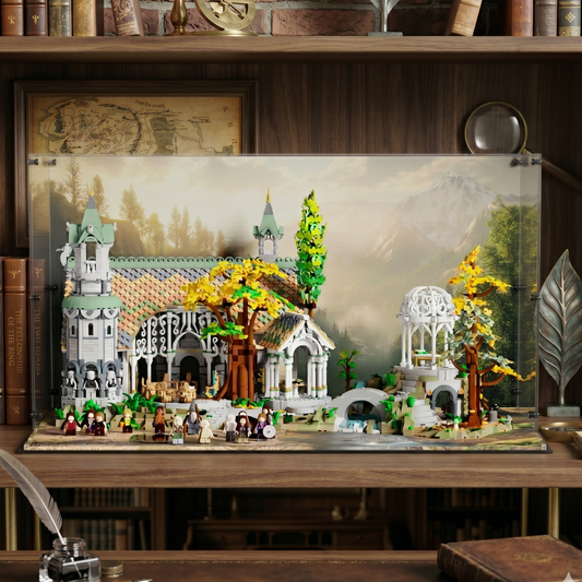 LEGO display case for The Lord of the Rings Rivendell 10316 — premium UV-protected acrylic with Rivendell Valley background