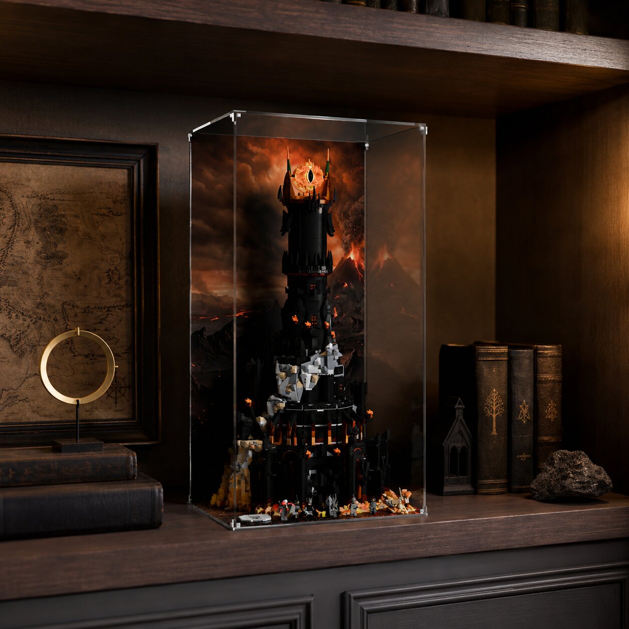 LEGO display case for The Lord of the Rings Barad-dûr 10333 — premium UV-protected acrylic with Mordor Volcano background, Made in Europe
