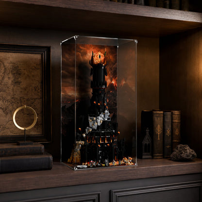LEGO display case for The Lord of the Rings Barad-dûr 10333 — premium UV-protected acrylic with Mordor Volcano background, Made in Europe

