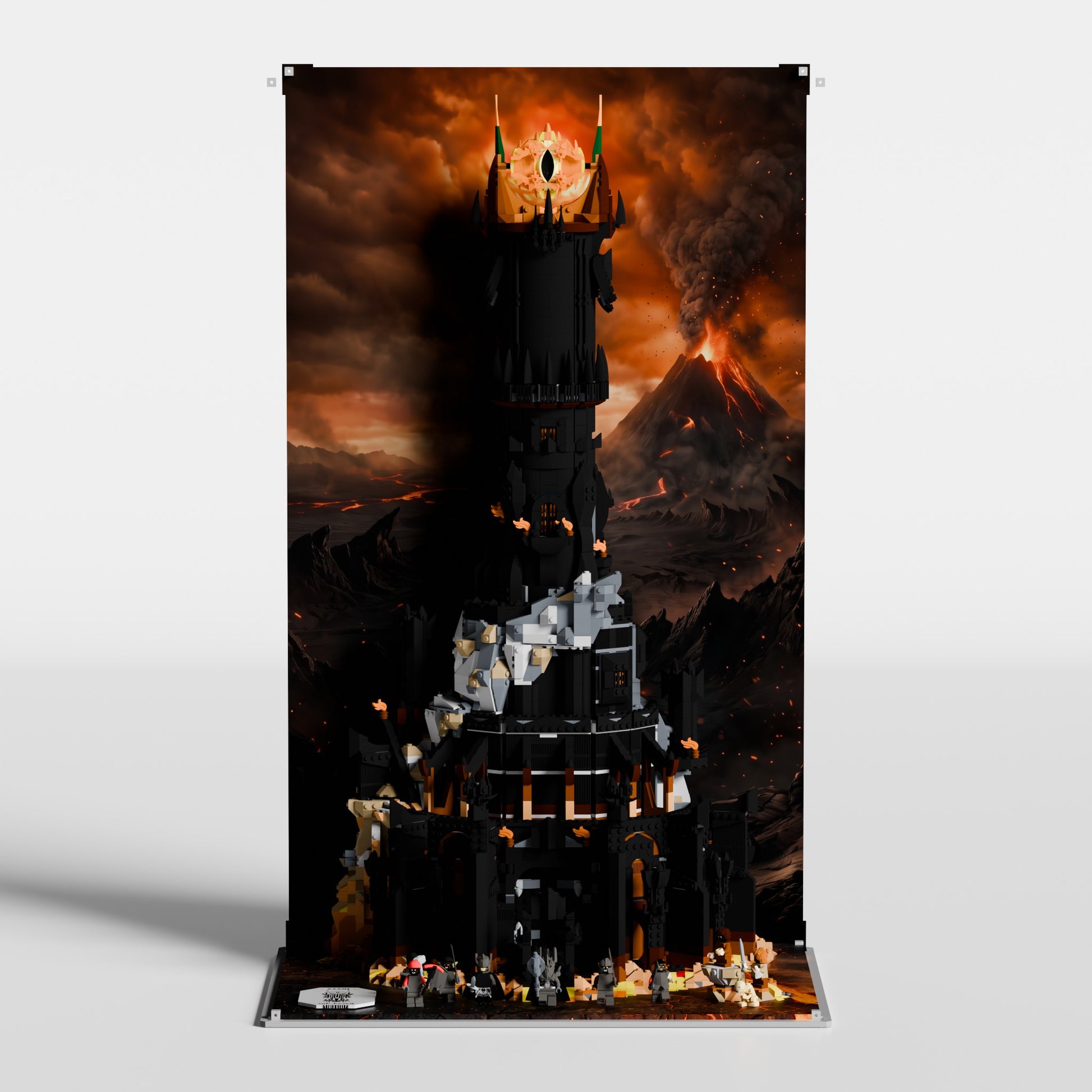 LEGO display case for The Lord of the Rings Barad-dûr 10333 — premium UV-protected acrylic with Mordor Volcano background