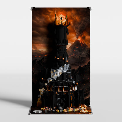 LEGO display case for The Lord of the Rings Barad-dûr 10333 — premium UV-protected acrylic with Mordor Volcano background