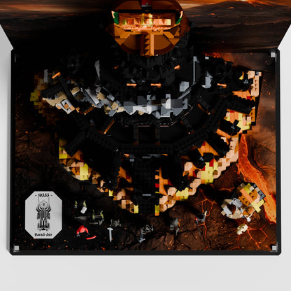 Custom Mordor Volcano background for LEGO set 10333 display case — premium UV-filter acrylic, EU-made