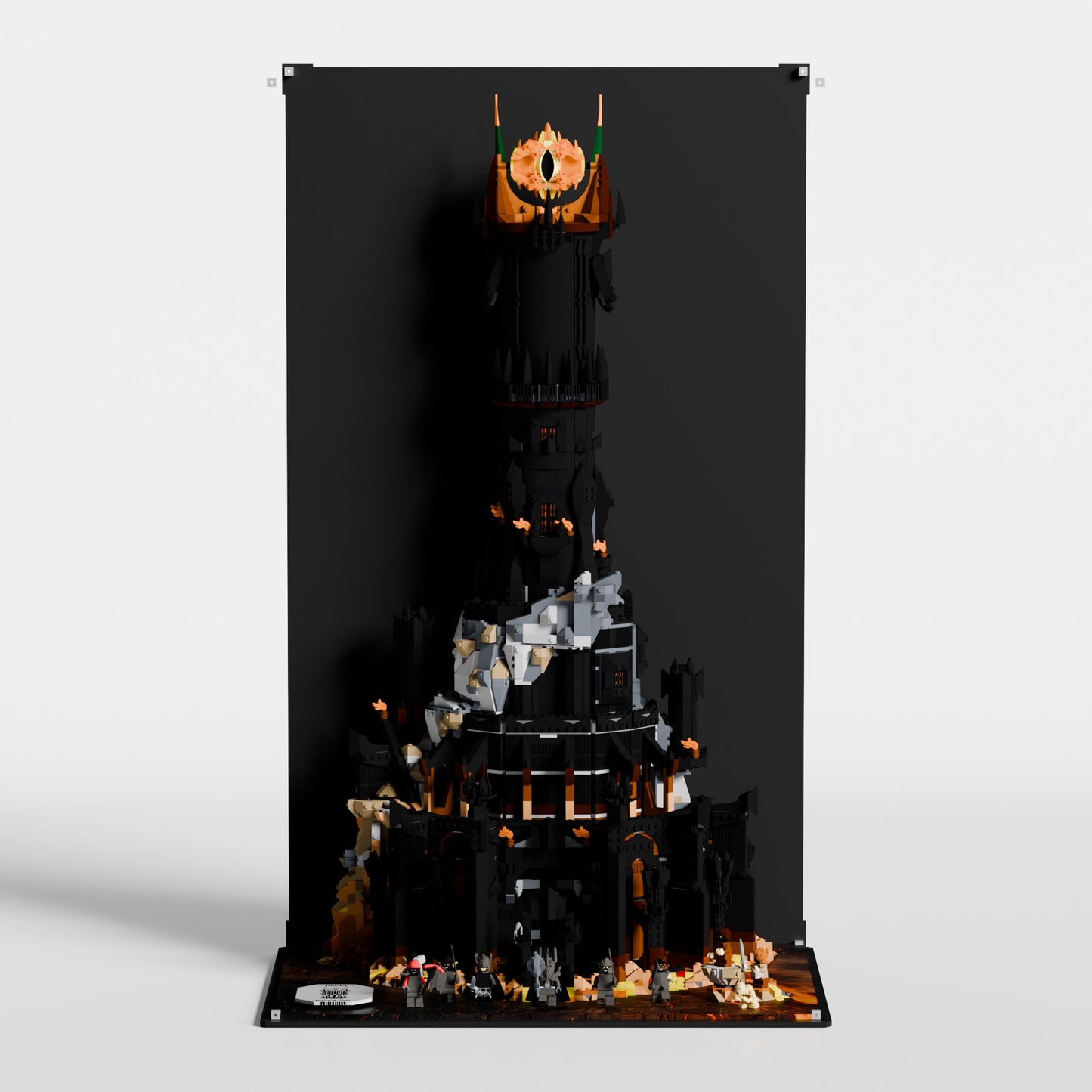 Printed Mordor volcanic-plains base for LEGO set 10333 display case — premium UV-protected acrylic, handcrafted in Europe