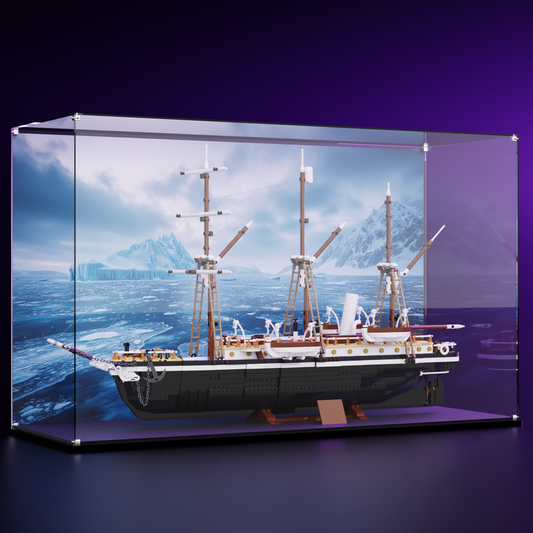 Front view of LEGO® Icons The Endurance 10335 in a premium acrylic display case with Antarctic glacier background