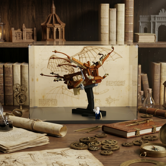 LEGO display case for Leonardo da Vinci's Flying Machine 10363 — premium UV-protected acrylic with da Vinci blueprints background