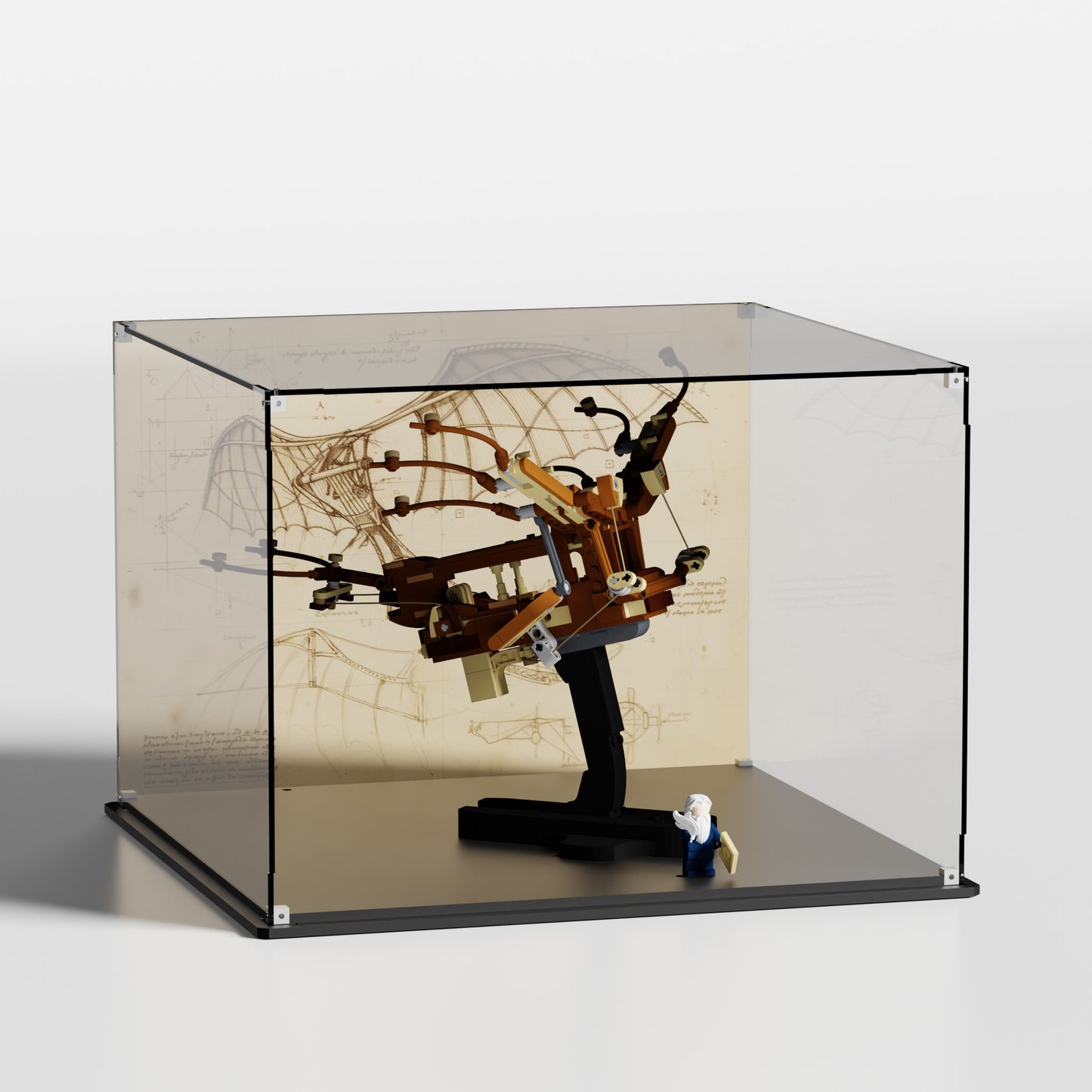 Premium UV-protected LEGO display box for Leonardo da Vinci's Flying Machine 10363 with blueprint background — handcrafted in Europe