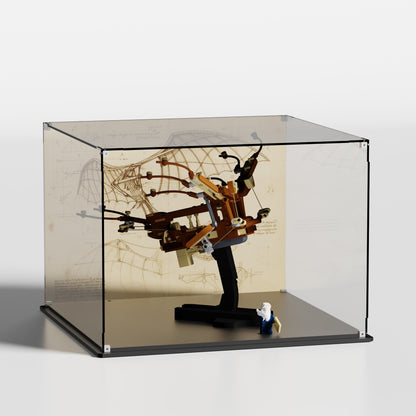 Premium UV-protected LEGO display box for Leonardo da Vinci's Flying Machine 10363 with blueprint background — handcrafted in Europe
