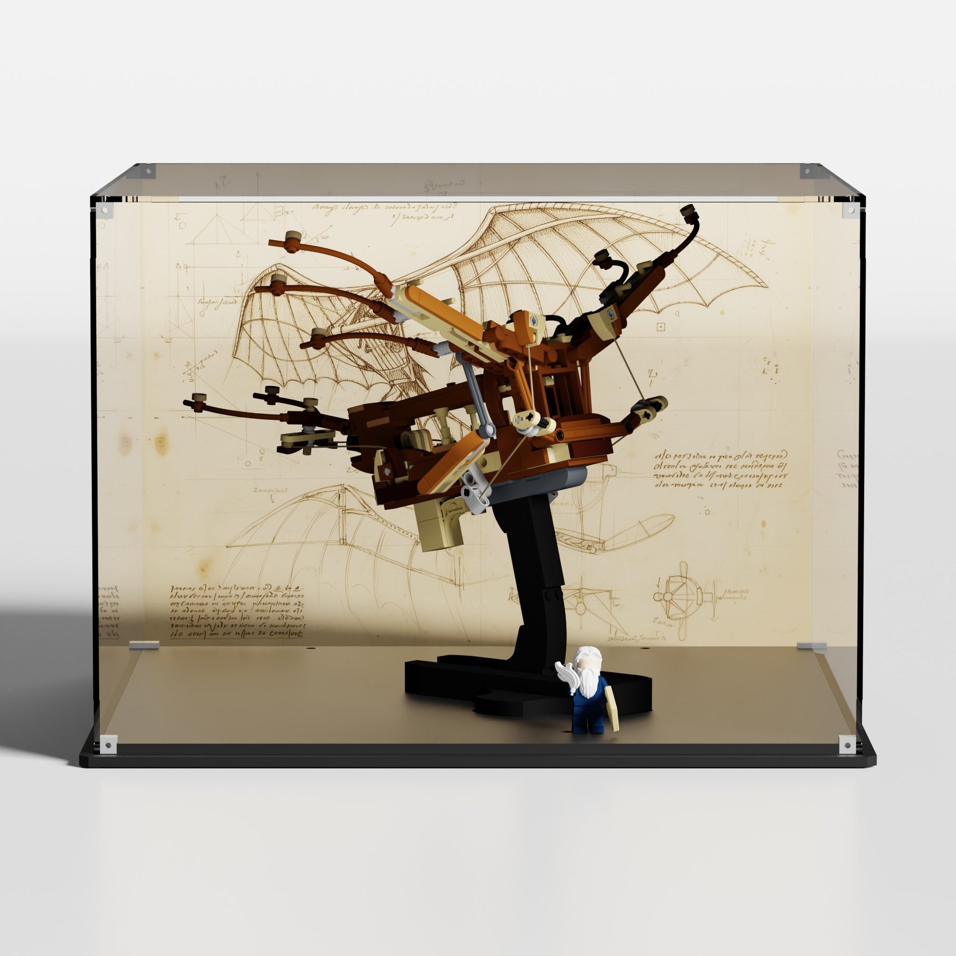 Custom da Vinci blueprints background for LEGO display case — Leonardo da Vinci's Flying Machine 10363, premium UV-filter, EU-made