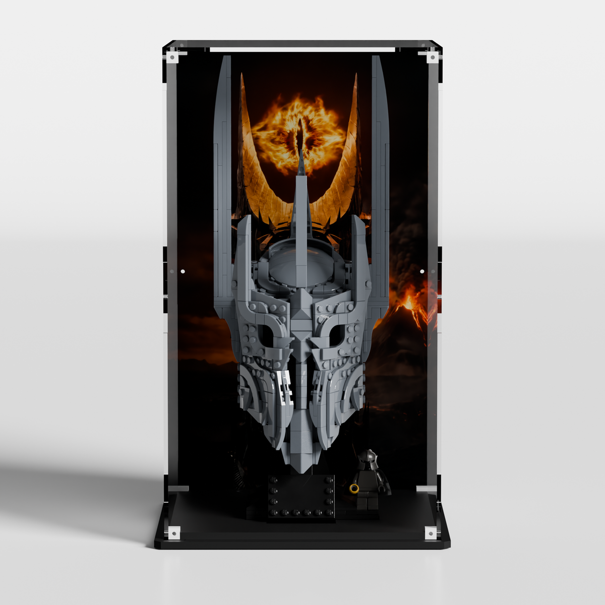 LEGO display case for Sauron's Helmet 11373 — premium UV-protected acrylic with Mount Doom and Eye of Sauron background