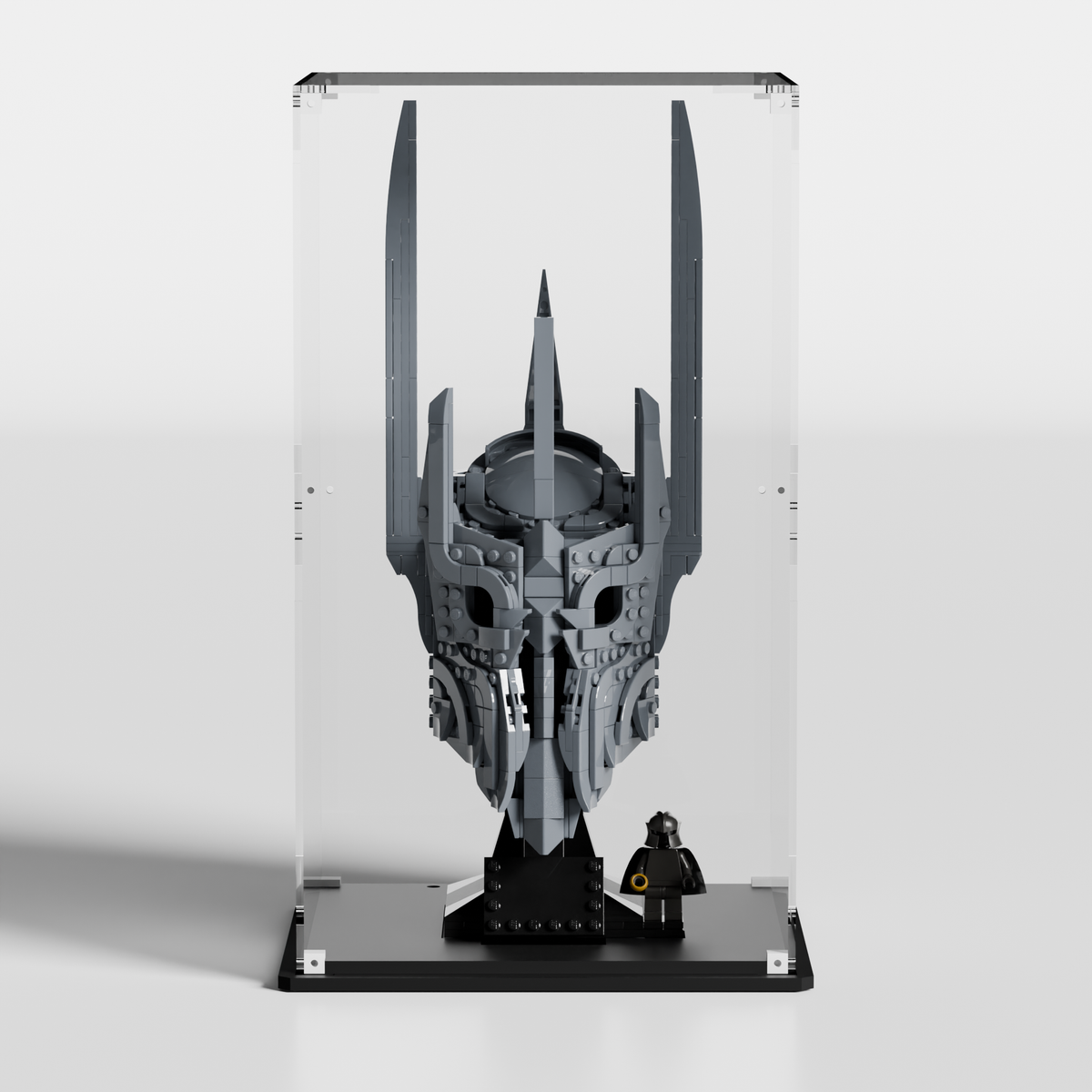 Premium UV-protected LEGO display box for Sauron's Helmet 11373 with transparent background — EU-made