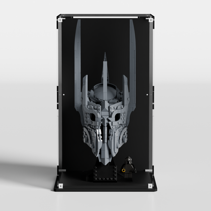 LEGO Sauron's Helmet showcase on glossy black background — dustproof premium UV-filter acrylic case, made in Europe