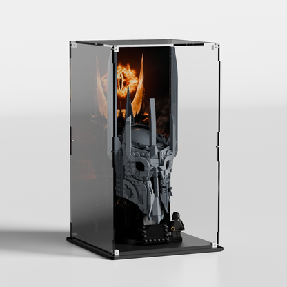 LEGO Icons Sauron's Helmet (11373) in premium UV-protected acrylic display case at a 3/4 angle — made in Europe