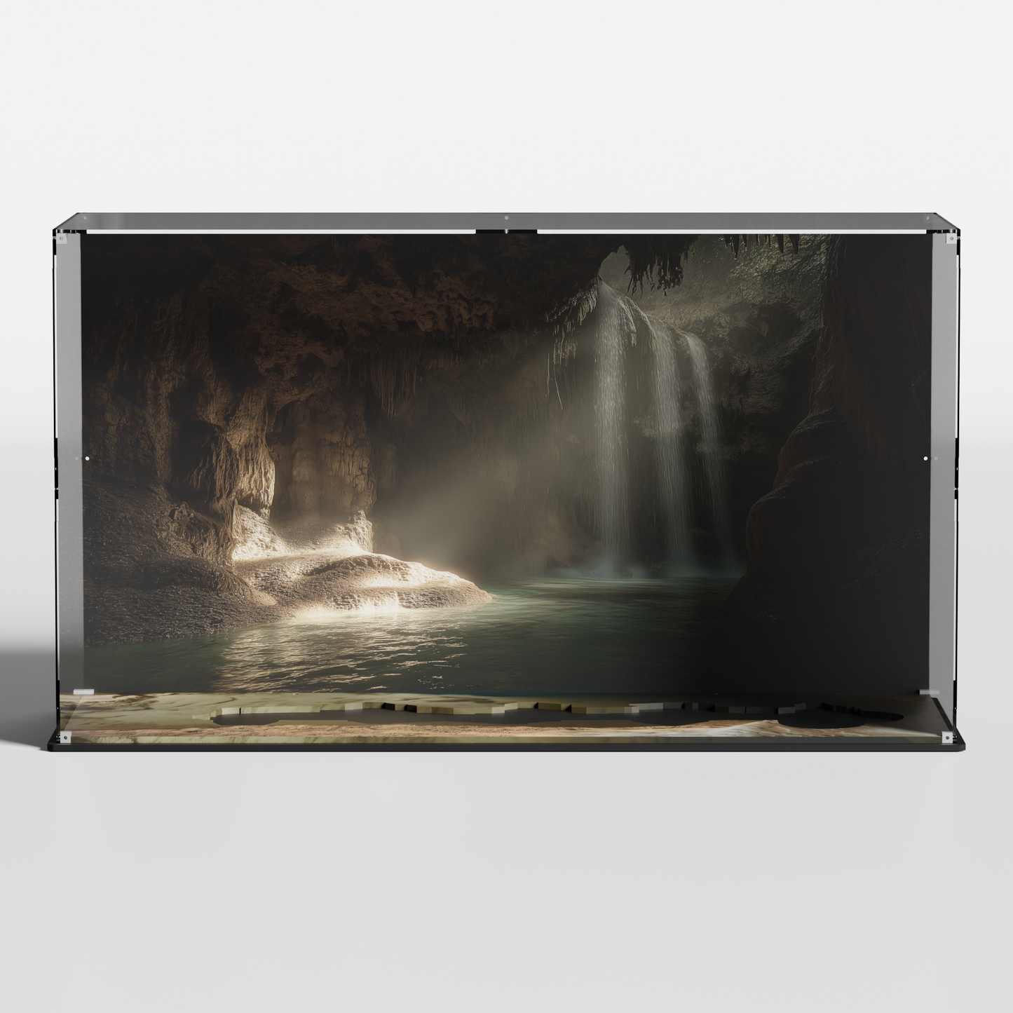 Close-up of premium acrylic display case sealing dust and UV for LEGO The Goonies set 21363