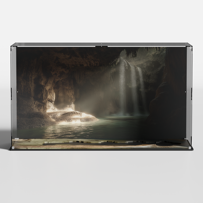 Close-up of premium acrylic display case sealing dust and UV for LEGO The Goonies set 21363