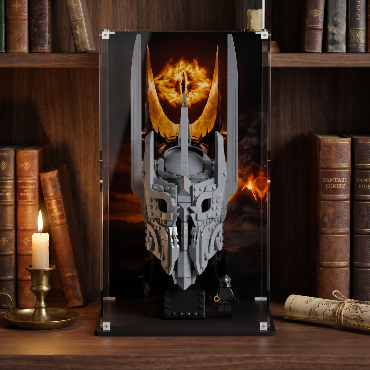 Premium UV-protected LEGO display case for Sauron's Helmet 11373 on a bookshelf with Mount Doom background — made in Europe