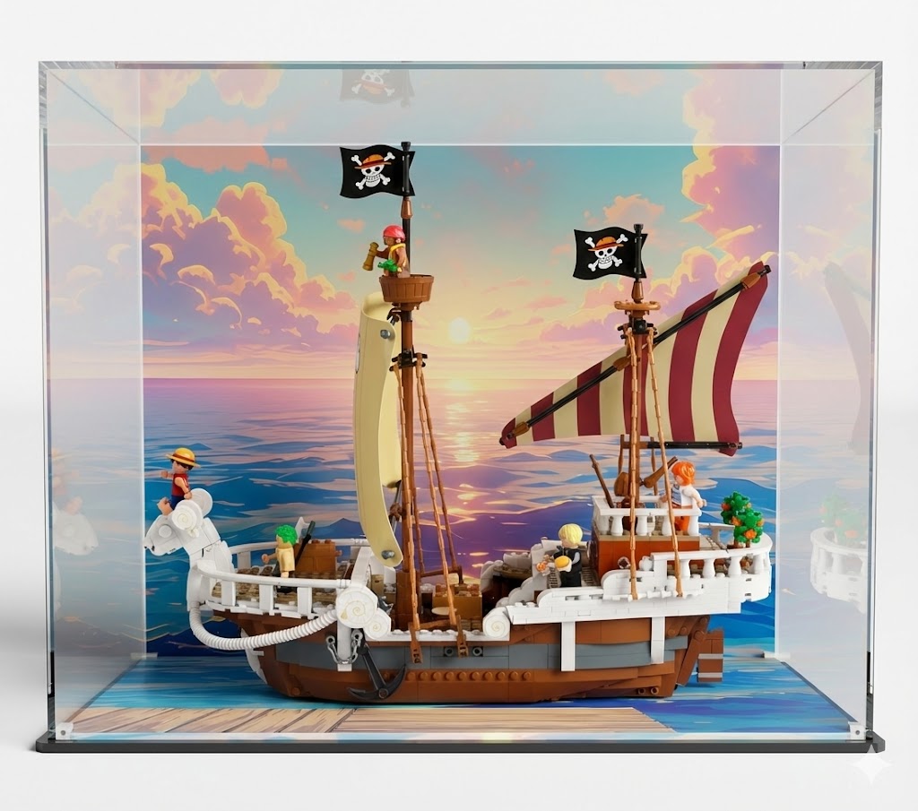 Display case for for LEGO One Piece – The Going Merry Pirate Ship (75639) with background sunset