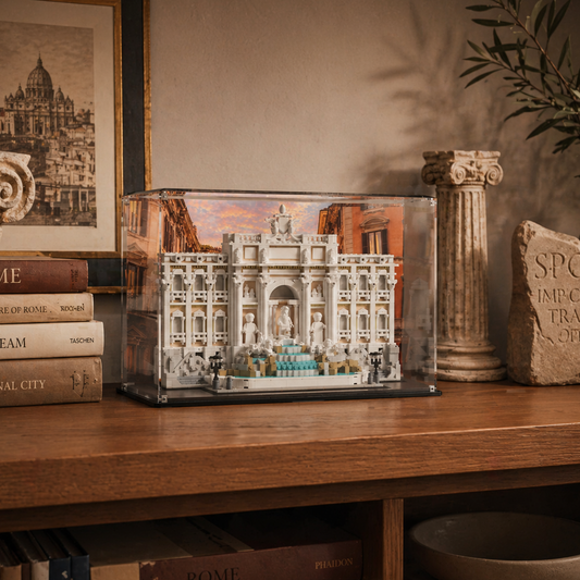LEGO display case for Trevi Fountain 21062 — premium UV-protected acrylic with Classic Rome background